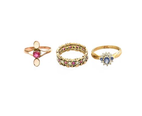 A 9 Carat Gold Sapphire and Diamond Cluster Ring, finger size M; An Opal and Synthetic Ruby Ring, unmarked, finger size M1/2 