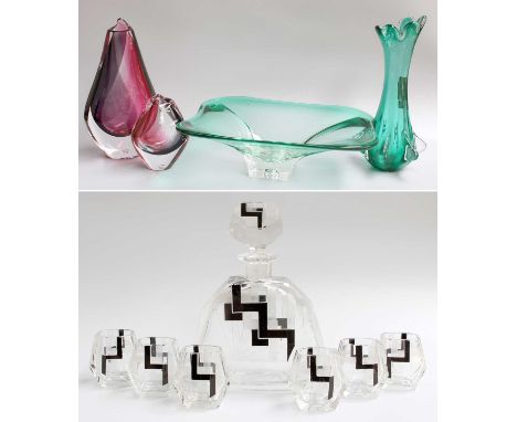 A Group of 20th Century Glass, including Swedish Gullaskruf cased glass vases, Murano dish, Art Deco liquour set, etc. (one t