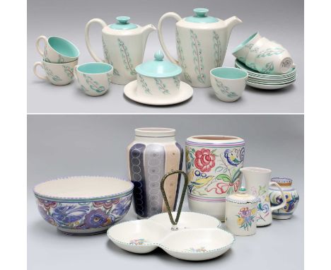 Two Trays of Poole Pottery, including a coffee set, vases, hors d'ouvres dish, preserve pot, jug, bowl etc.Bowl - crazedPrese
