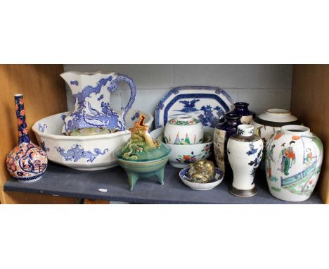 A Shelf of Decorative Ceramics, including a Mason's blue and white toilet jug and basin (af), Chinese blue and white meat dis