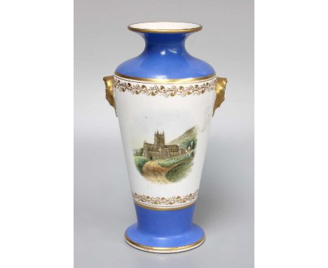 A Kerr and Bins Worcester Vase, with twin moulded mask handles, cream ground painted with named scene Worcester Cathedral and