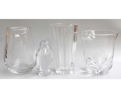 Nils Landberg (1907-1991), Two Orrefors Glass Vases, one engraved with a Classical nude amongst blossoms, 25cm high, the othe