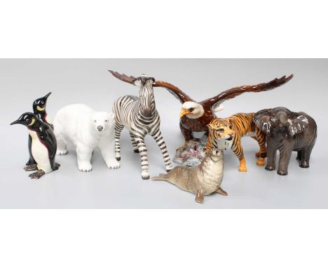 Beswick Wild Animals, including, penguin pair and polar bearTiger and zebra crazedElephant with repaired tusk amd chipped bac