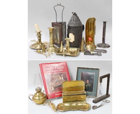 A Collection of 18th Century and Later Metalwares Relating to Lighting, two pressed steel lanterns, chamber sticks, candle sn