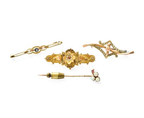 A Sapphire and Split Pearl Bar Brooch, stamped '15CT', length 4.7cm; Two 9 Carat Gold Brooches, of varying designs; and An Op