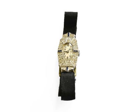 A Lady's Diamond and Sapphire Set Wristwatch, 1920's/30's, manual wound lever movement, inside case back cover stamped platin