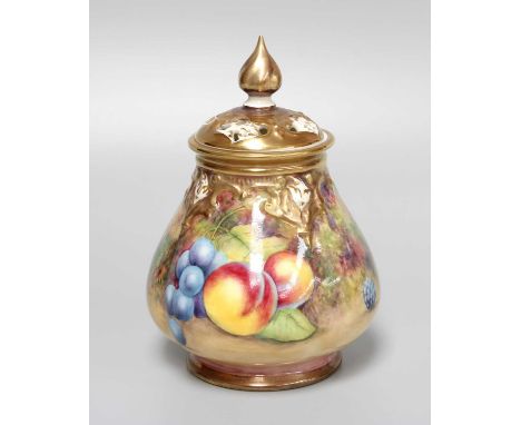 A Royal Worcester Fruit Painted Vase and Cover, signed S Moody, 13cm high Restored to the knop, otherwise ok