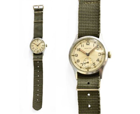 A Military ATP Chrome Plated Moeris Wristwatch, manual wound lever movement, stainless steel screw case back engraved with mi