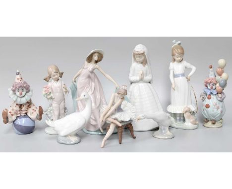 Six Lladro Figures, comprising a ballet dancer seated on a chair, a lady dancing, two clowns, a goose, and a girl with a bird