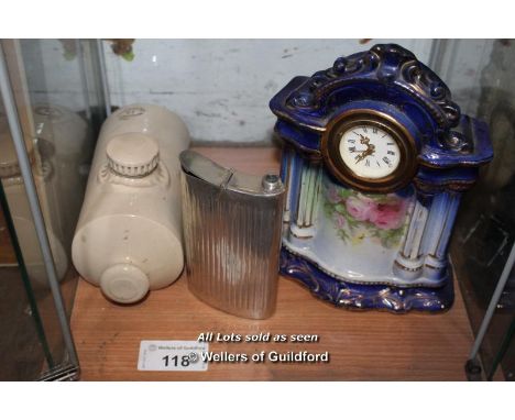 SMALL SHELF OF DECORATIVE ITEMS INCLUDING PORCELAIN CLOCK AND HIPFLASK