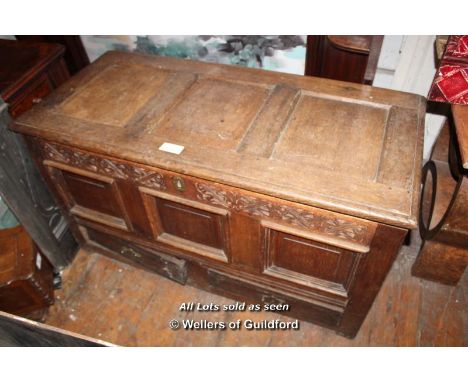OAK TRUNK WITH CARVED DETAIL AND TWO BOTTOM DRAWERS