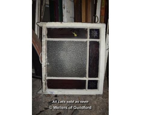 LARGE COLOURED GLASS SASH WINDOW PANEL WITH ETCHED GLASS CORNERS, 760 X 700