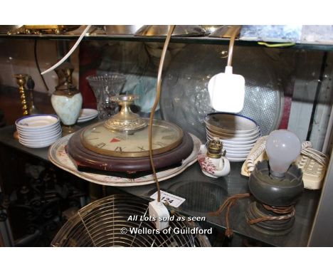 SHELF OF MIXED DECORATIVE ITEMS INCLUDING 'BASS' CLOCK