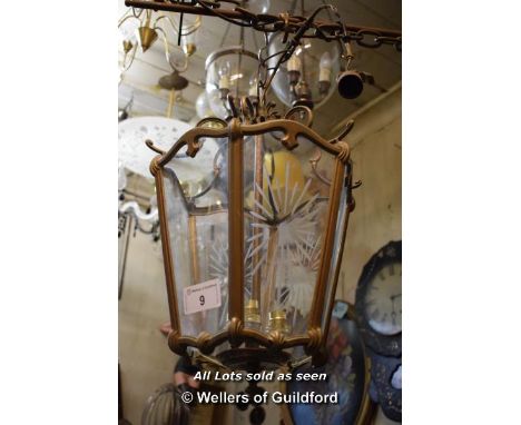 BRASS SIX SIDED TRIPLE LIGHT LANTERN WITH THREE ETCHED GLASS PANELS
