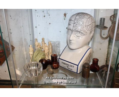 SMALL SHELF OF MIXED DECORATIVE ITEMS INCLUDING GLASS BOVRIL BOTTLES, ETC.
