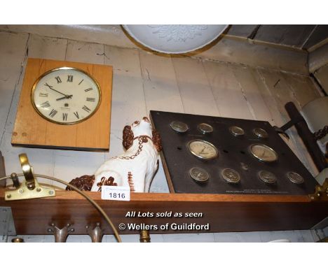 SHELF OF MIXED ITEMS INCLUDING DON PEDRO ENGINE GAUGE SET, SINGLE STAFFORDSHIRE TERRIER AND A WALL CLOCK