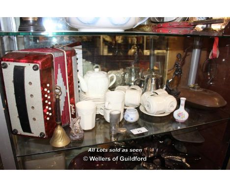 SHELF OF MIXED DECORATIVE ITEMS INCLUDING PORCELAIN WARES AND A 'JOLLY' ACCORDION
