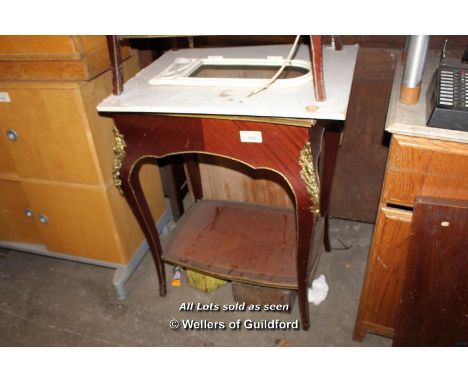 MAHOGANY MARBLE TOPPED CONSOLE TABLE WITH BRASS DECORATION, 715 X 570 X 890