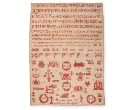 19th Century Ashley Down Orphanage Unframed Sampler Worked by Celia Bell, in red cross stitch on a linen ground, with alphabe