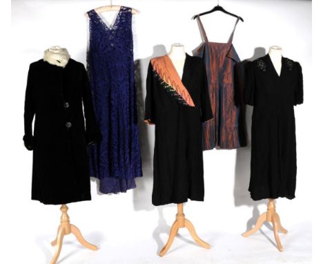Circa 1920s-40s Costume, comprising a purple lace mounted sleeveless evening dress; black crepe day dress with short sleeves 