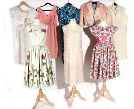 Assorted Circa 1930s and Later Costume, comprising a pink quilted bed jacket with blue lining; Blanes pink crepe cocktail dre