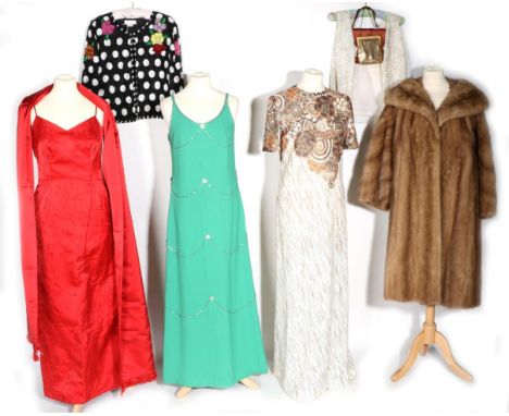 Circa 1950s and Later Clothing, including a light mink fur coat with shawl neck collar; Jean Allen red textured silk evening 