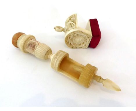 19th Century Combination Clamp, Pin Cushion and Thimble Holder, possibly with associated clamp, with carved and pierced decor