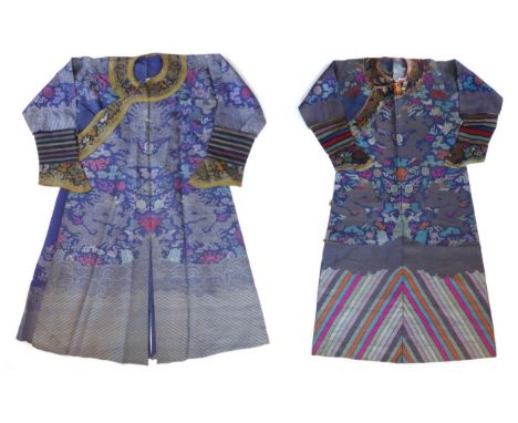 Early 20th Century Chinese Summer Gauze Robe, in blue with multi coloured wave style hem, gold dragons to the top of the robe