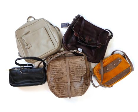 Five Assorted Radley Bags, comprising a light brown mock-croc leather cross-body flap bag, with dust bag; a taupe leather bac