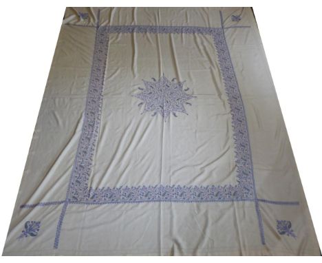 Early 20th Century Cream Silk Bed Cover, hand embroidered in blue, pink and purple silk threads with boteh and flower heads c
