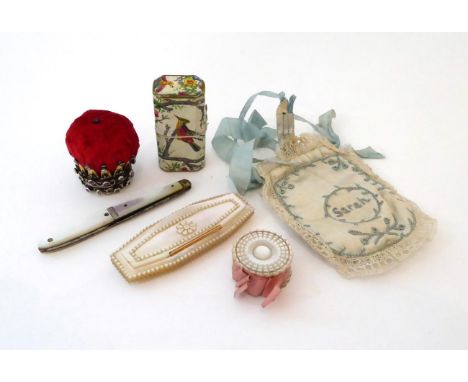 Collection of 19th Century Sewing and Other Accessories, including a mother-of-pearl toothpick case with beaded decoration; s