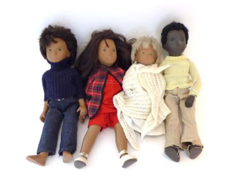 Sasha Gregor Doll, in denim jeans with blue polo neck jumper; Sasha Brunette Doll, in red cotton shorts and top, tartan jacke