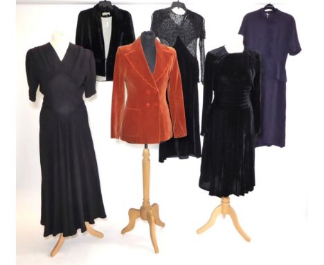 1930s and Later Assorted Costume, comprising a 1940s midnight blue short sleeved day dress with frill part surround to button