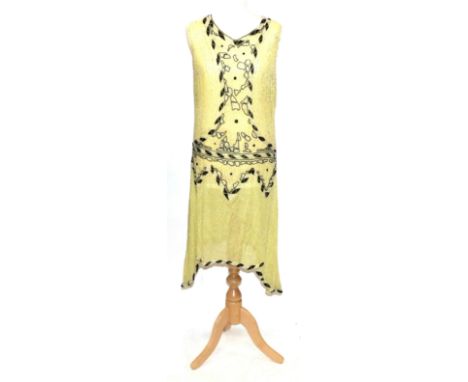 Circa 1920s French Sleeveless Flapper Dress, worked on yellow muslin, with black and clear bugle bead decoration, v neckline,