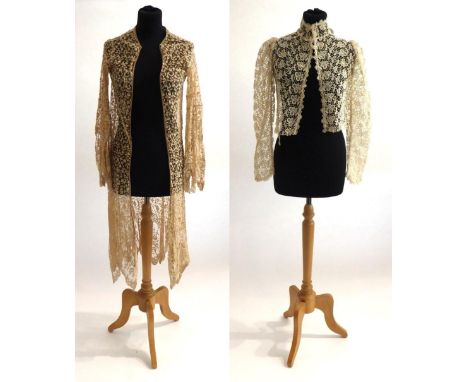 An Edwardian Waist Length White Chemical Lace Jacket; and an attractive slightly apricot 1930s Long Lace Coat, long sleeves, 