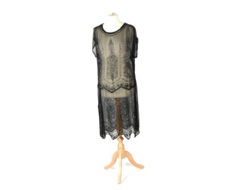 Circa 1920s Beaded Black Silk Chiffon Tabard Dress, decorated with black/metallic bugle and other beads in a stylised design 