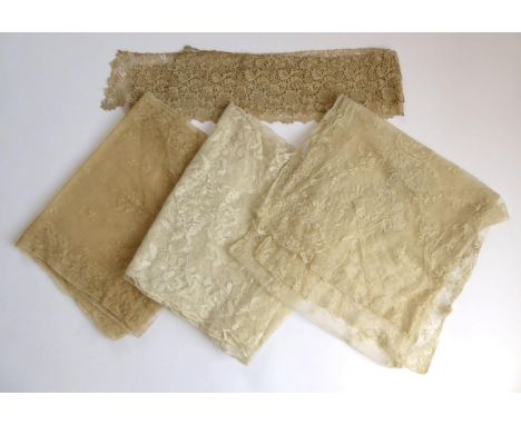 Lace Stole of machine net embroidered loosely with flower heads, 270cm by 50cm; Another Similar embroidered with vases of flo