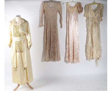 Circa 1920s Wedding Dress, with machine lace and pale peach silk to the bodice, with silk trims, three layer tiered skirt com