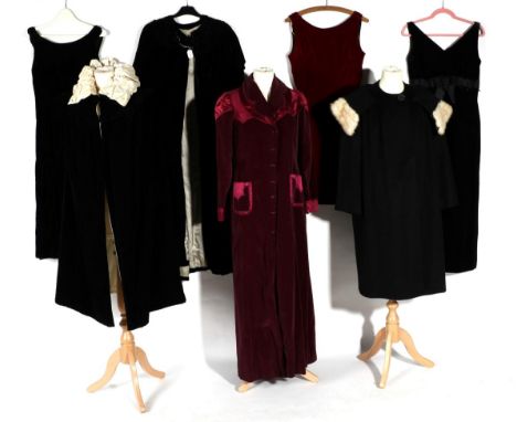 Assorted 1920s and Later Costume, comprising black velvet opera cape with cream velvet lining and ruched collar; another in b