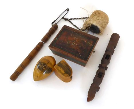 Sewing Accessories, including a Mauchlineware hinged thimble case 'Amherst College', and egg shaped box and cover with a view