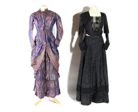 Circa 1880 Purple Silk Day Dress, with long sleeves, smocking detail to the round collar and waist, gathered trims to the ski