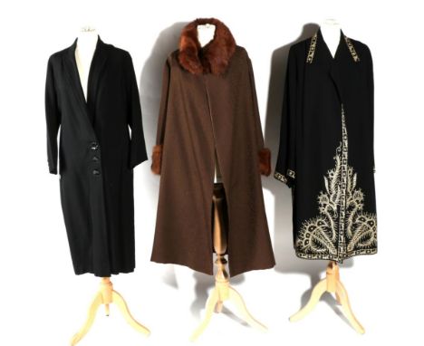 Circa 1920/30s Coats, including a Black Coat with Cream Embroidery around the hems, openings and collar, stylish shaped cuffs