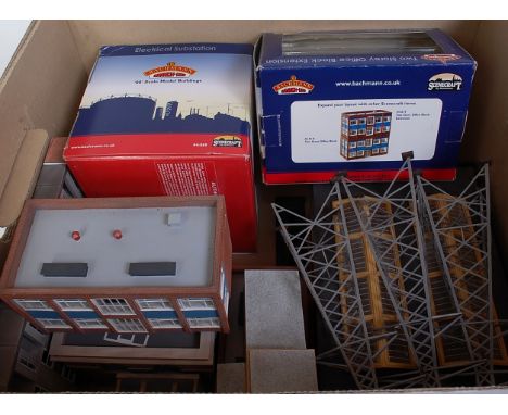 A quantity of Bachmann Scenecraft buildings including two storey office block, extension, electrical sub station, transformer