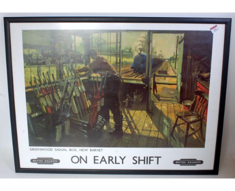Framed and glazed reproduction print of Cuneo railway poster "On Early Shift" showing interior of Greenwood signal box New Bo