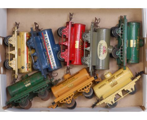 8 assorted Hornby petrol/oil tankers including 2 x green Pratts, grey Mobiloil, red Shell, blue Red Line Glico, cream Shell M