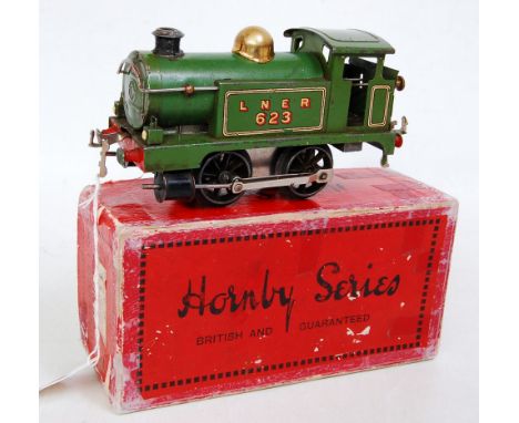 1926-7 Hornby LNER green 0-4-0 clockwork loco no 623 brass dome, unlined boiler, chips to front buffers and buffer beam (G) (