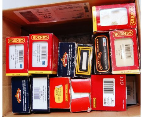 Two trays containing quantity of Hornby and Bachmann locomotive and tender bodies and chassis wheels, motors etc for spares o