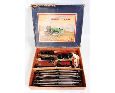 1947-8 Hornby no 201 tank goods set LMS including LMS red 101 loco MO 2270, will benefit by cleaning, LMS open wagon, red She