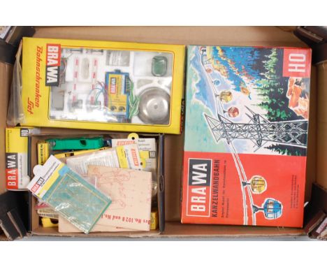 Large quantity Brawa items including elevated travelling coal hopper set, tram work car 453, automated level crossing, barrie