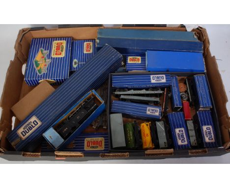 Mixed lot of Hornby Dublo 3 rail and accessories including EDP12 Duchess of Montrose set (F-BP), EDG7 LMS tank good set (P-BP